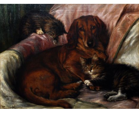Fannie Moody (Mrs. Gilbert King)
(1861-1897)
A portrait of a dog and two cats
signed
oil on board
49.5 x 62.5; 19 1/2 x 24 1/