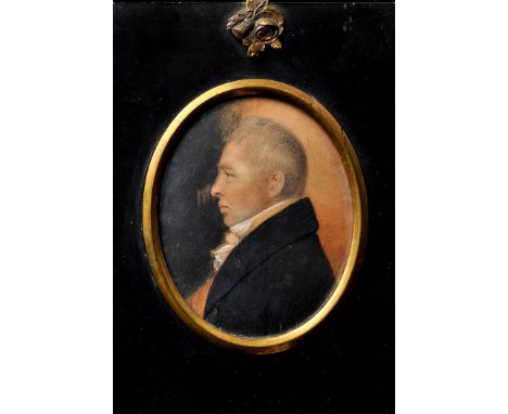 19th British School
A miniature portrait of a gentleman in black frock coat
watercolour heightened with white
8 x 7.5cms; 3 1