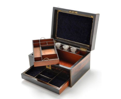 A 19th Century coromandel wood and lacquered brass-bound travel box, the rectangular top with central vacant cartouche, openi