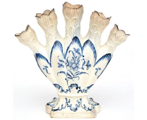 Creamware quintal flower vase, painted with flower sprays within petal form panel above acanthus leaf mouldings and shaped pl