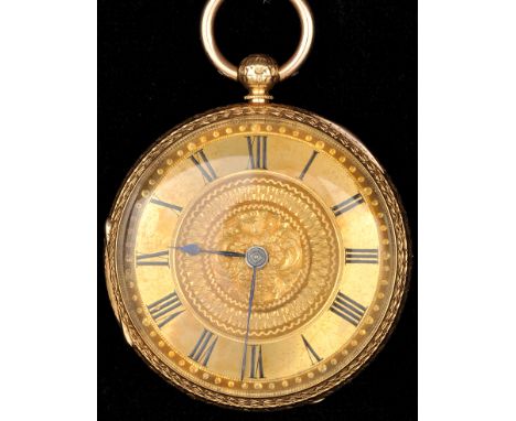 A mid 19th Century 18ct. gold open faced key wind pocket watch, London 1869, with circular roman dial and matted centre, the 