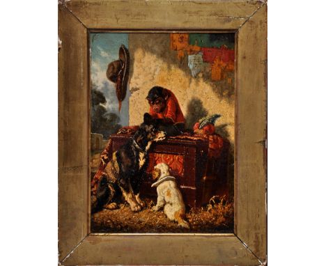Attributed to Vincent de Vos
(Belgian 1829-1875)
A chimpanzee seated on a theatrical costume chest attended by two dogs
signe