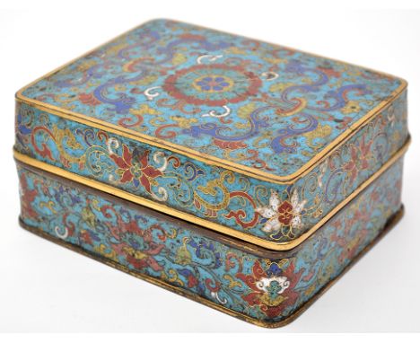 Chinese cloisonne rectangular box and associated cover, the cover with central roundel blossom enclosed by foliate scrolls ab
