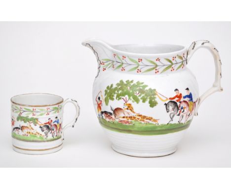'New Hall' moulded hunting jug and mug, pattern no. U131, height of jug 16.5cms.  (2)
See illustration