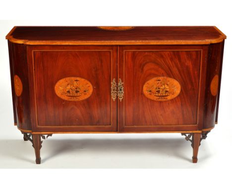 A Sheraton Revival side cabinet, inlaid satinwood crossbanding and barber pole, boxwood and ebony stringing, the top with sem