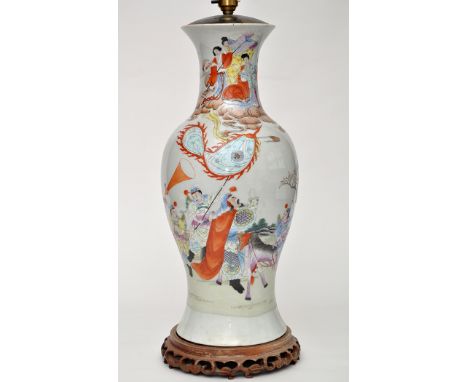 Chinese Famille Rose inverted baluster shaped vase, converted to lamp, painted with figures in a procession, the vase height 