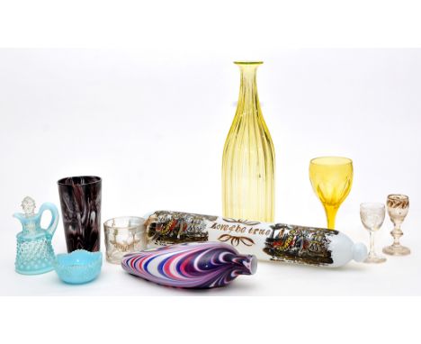 Printed opaque glass 'Marine' rolling pin of 'North-East' interest, length 39.5cms; Nailsea type flask; two small liqueur gla