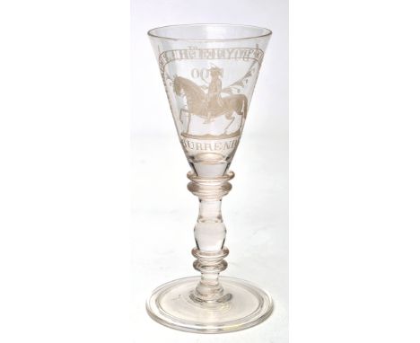 Williamite wine glass, the engraving attributed to Franz Tietze, with equestrian portrait of King William, "Boyne 1st July, 1