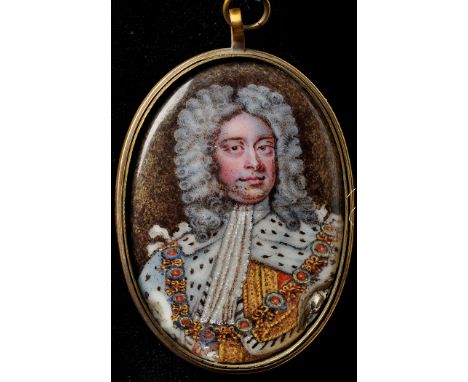 British School
A miniature bust portrait of George II
enamels
6.5 x 4.7cms; 2 1/2 x 1 7/8in., oval.
In giltmetal pendant fram