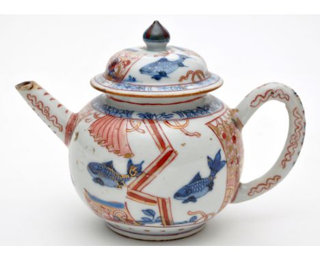 Small Chinese Imari teapot and cover, with swimming fish and gilded panels, late 18th Century, height 11.5cms approximately. 