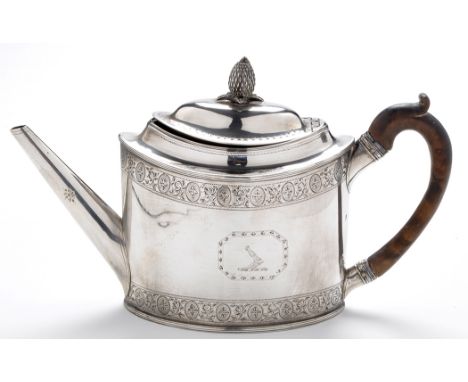 A George III teapot, by Peter & Ann Bateman, London 1792, oval with bright cut decoration, engraved crest, hinged cover with 