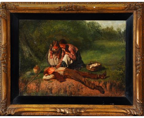 John O*** Banks
(1883-1945)
A country scene with a mother and daughter waking a boy asleep in a meadow
signed
oil on panel
24