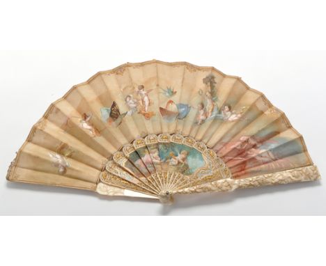 A French carved ivory and painted silk fan, by J. Donzel, c.1880, the sticks carved with putti, birds, insects and flowers, p