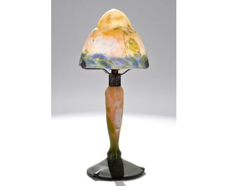 Coloured glass Daum style table lamp, acid etched with white primroses and wild garlic upon sienna, rose and violet ground, t