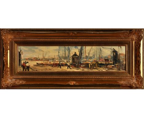 20th Century British School
A busy harbour
oil on panel
13.5 x 58.5cms; 5 1/2 x 23in.