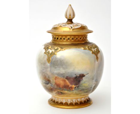 Royal Worcester lobed jar and cover, signed "H. Stinton", painted with Highland cattle in mountain landscape, height 13cms, l