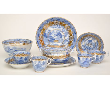 'New Hall' blue and white sugar bowl and cover, and two teacups, coffee cans and saucers, pattern no. 1762, height of sugar b