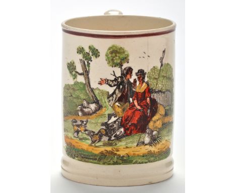 Coloured printed Creamware mug of 'North-East' interest, with pastoral scene of shepherdess and her admirer, late 18th/early 