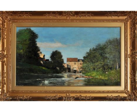 Emile Louis Mathon
(French c.1855- after 1897)
A tree-lined river scene with distant watermill
signed
oil on panel
33 x 58.5c