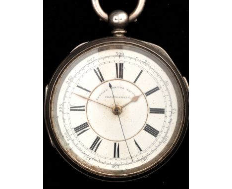 A late Victorian silver centre seconds key wind chronograph pocket watch, enamelled roman dial, inscription to inside back co