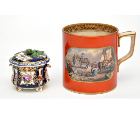 Coral ground Prattware mug, reserve panels printed with harbour and equestrian scenes, height 10.8cms; small Worcester style 
