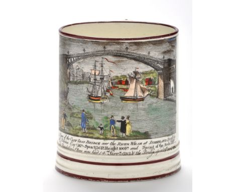 Coloured printed creamware mug of 'North-East' interest, with "View of the Cast Iron Bridge over the River Wear", c.1800, hei