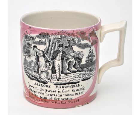 Printed Lustreware 'Marine' mug of 'North-East' interest, with "Sailors Farewell" and ship in sail, 19th Century, height 10.4