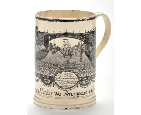 Printed creamware mug of 'North-East' interest, with "East view of the Iron Bridge over The Wear Near Sunderland", marked "Ed