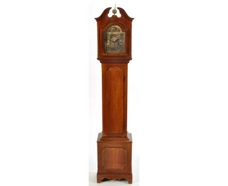 An early 20th Century walnut longcase clock of small size, with brass roman dial and engraved 'tempus fugit' to arch, with th