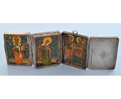 An unusual white metal folding Icon pendant, possibly Greek, 19th Century, of four fold design, five panels painted with reli