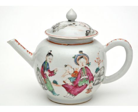 Chinese famille rose teapot and cover, circular form painted with figures seated in rocky landscape, 18th/early 19th Century,