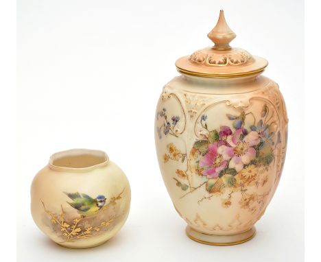 Royal Worcester blush ivory jar and cover, painted with wild rose spray, height 19cms approximately, printed lilac mark for 1