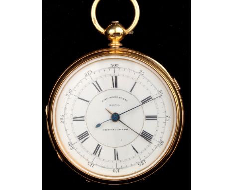 An 18ct. gold open faced key wind chronometer pocket watch, the white enamel dial with inner and outer numbers, the dial and 