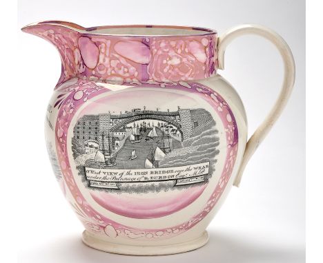 Marbled lustreware printed pearlware jug of 'North-East' interest, with "West View of the Iron Bridge over the Wear", "Ancien