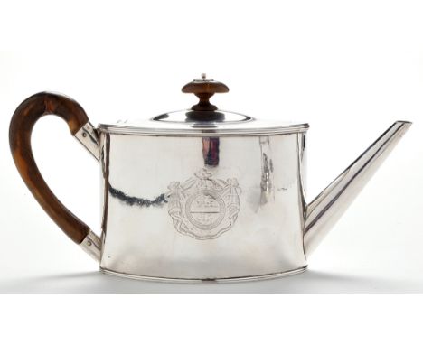 A George III teapot, by Daniel Smith & Robert Sharp, London 1787, of plain oval form, engraved with ornate coat of arms, the 
