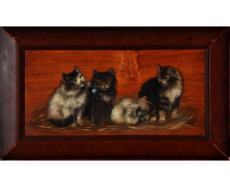 Bessie Bamber
(early 20th Century)
Four kittens
signed with initials and dated '03
oil on mahogany panel
22 x 46cms; 8 1/2 x 