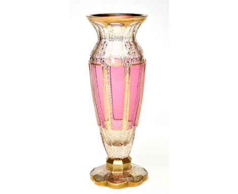 Bohemian pale ruby and gilded glass vase, of octagonal faceted section with pale ruby panels, probably late 19th Century, hei