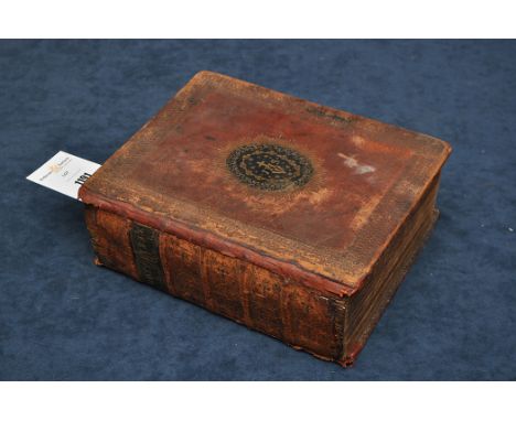 The Holy Bible, 4to, old morocco gilt, black morocco gilt central onlay, engraved portrait, additional title-page and plates,
