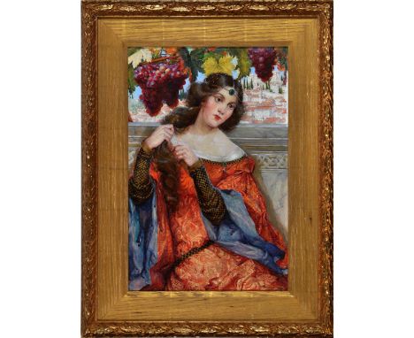 May Louise Greville Cooksey
(1878-1943)
A young woman in medieval costume holding a golden comb, with a view over an Italiana