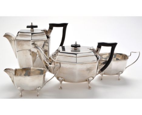 A George VI four-piece tea service, by Harrison, Fisher & Co., Sheffield 1946, of shaped hexagonal design, the teapot and hot