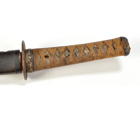 A Japanese Wakizashi, the single edged 18in. (46cms) curved blade fitted to a hilt with steel tsuba decorated with gilt bloss