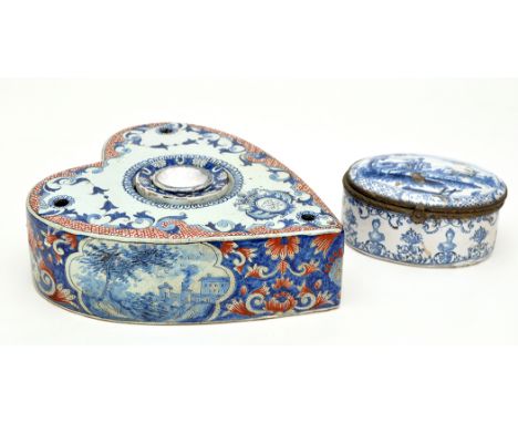 Delftware heart-shaped inkstand, the top with detachable inkwell and three pastille apertures, sides with blue and red enamel