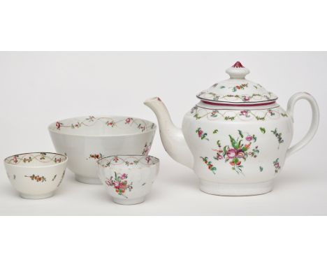 'New Hall' oval waisted teapot and cover and two tea bowls, pattern no. 241, height of teapot and cover 18cms; slop bowl, dia