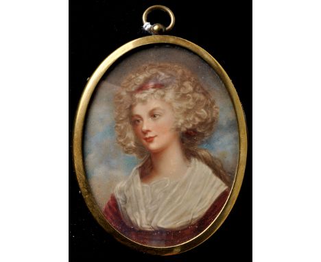 19th Century British School
A miniature portrait of an aristocratic lady, wearing red dress with white neckerchief
body colou