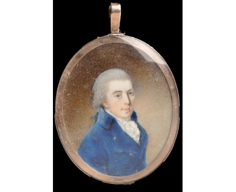 British School
(c.1800)
A miniature portrait of a gentleman wearing a blue frock coat; plaited hair and memorium plaque depic