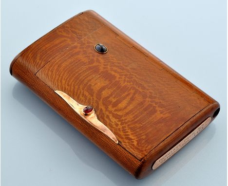 A Faberge style combination vesta and cigarette case/tobacco box, probably in birch wood, the hinged cover inset oval cabocho