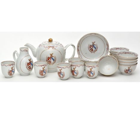 Chinese armorial part tea and coffee service, comprising: globular teapot and cover, intertwined strap handle, height 14.5cms