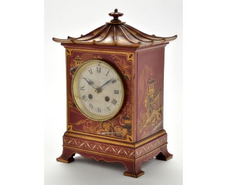 An early 20th Century bracket clock, in the Chinese taste with simulated red lacquer decoration, silvered roman dial, later b