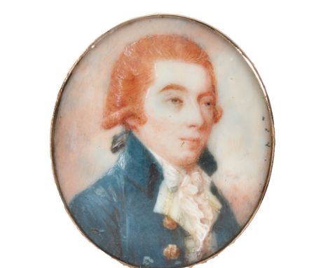 18th Century British School
A miniature bust portrait of a young man wearing a blue coat and a white stock
bodycolour on ivor