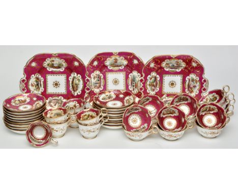 Forty-three piece 'Rockingham' tea and coffee service, the crimson ground with reserve panels painted with buildings and ruin